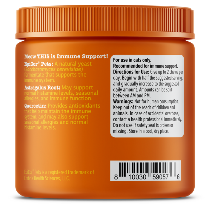 Orange jar with ridged cap containing cat supplement chews, label shows ingredients and usage instructions.