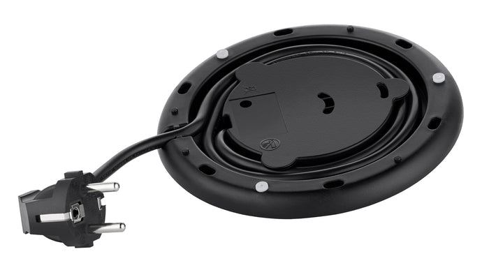Auf der Unterseite des Unold Blitzkocher Thermo 1,5 L ist ein schwarzer, runder Wasserkocher-Sockel mit Spiralkabel und zweipoligem Stecker zu sehen.