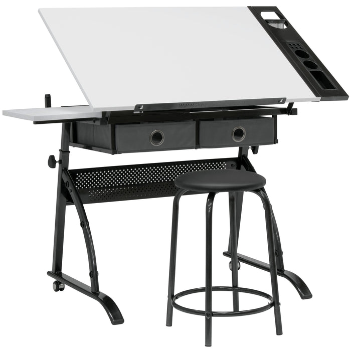 Core 2‑Piece Craft Table, Tilt Top and Adjustable Height with Stool, Gunmetal Gray / White 10104