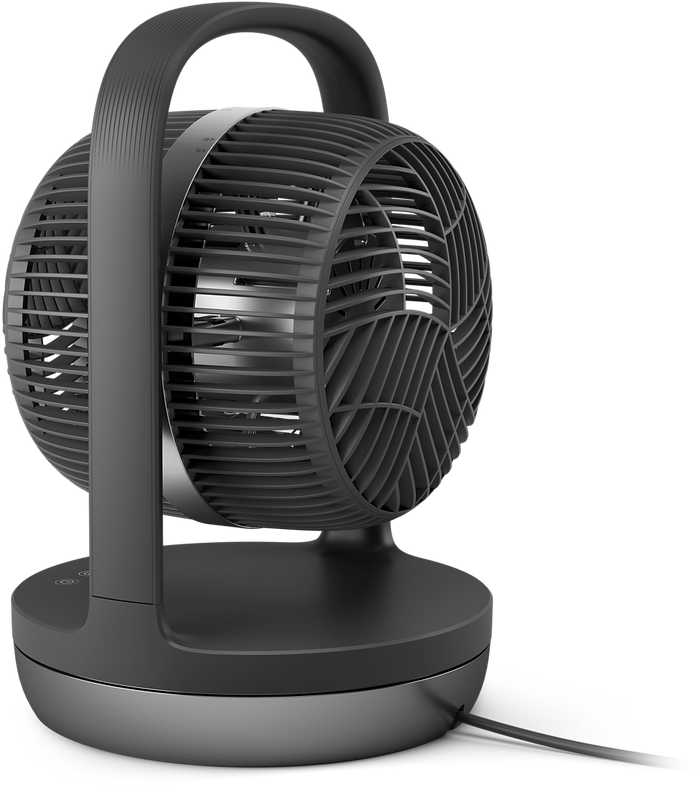 back slanted view of a philps black desk fan