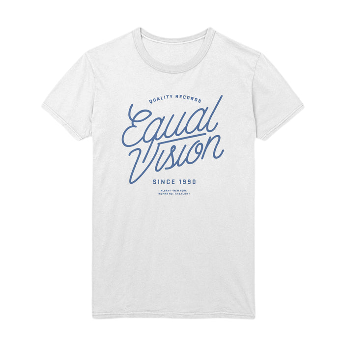 White t shirt with blue font that reads Equal Vision very large. There is smaller text on the shirt that reads QUALITY RECORDS and SINCE 1990.