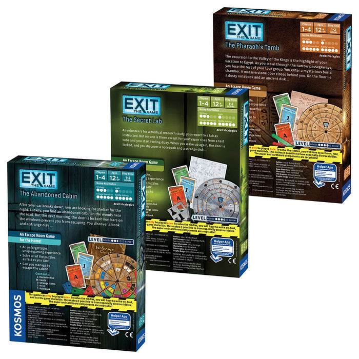 EXIT: The Game, Season 1. Three-Pack: The Abandoned Cabin, The Pharaoh's Tomb, The Secret Lab Games Thames & Kosmos