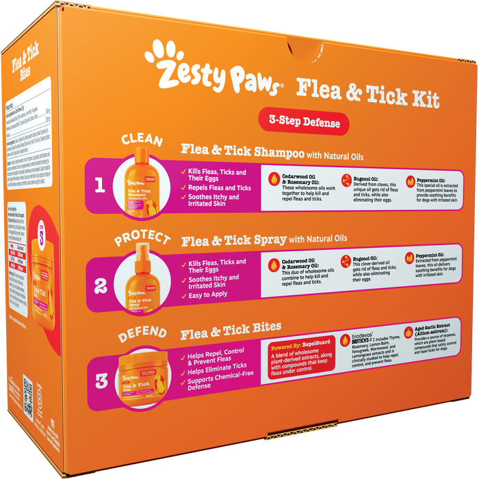 Zesty Paw orange box containing flea and tick shampoo, spray, and bite treats with natural oils.