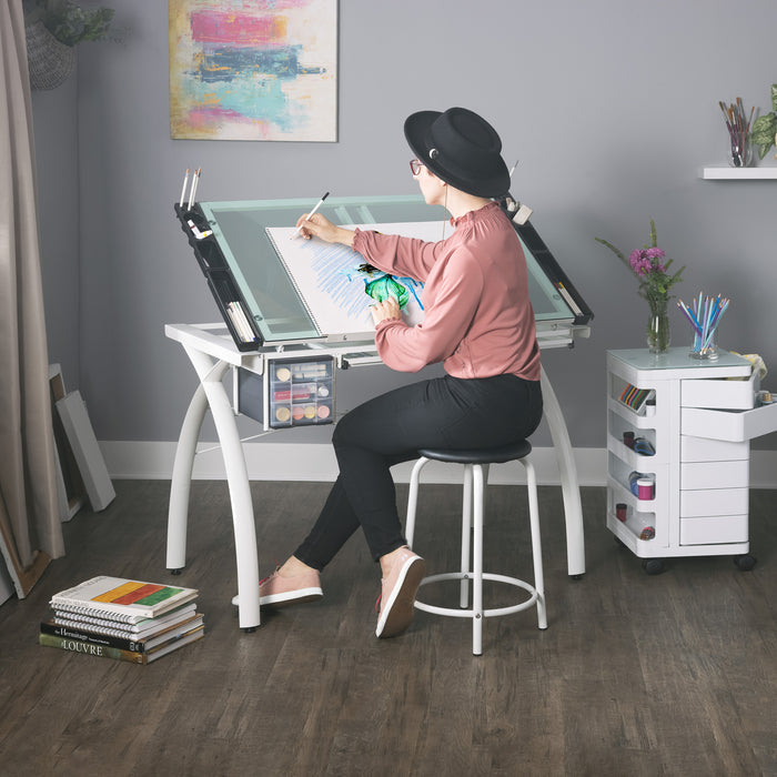 Futura Craft, Drafting, Drawing Table with Adjustable Top and Supply Storage, Matte Ivory / Sea Green Glass 10039