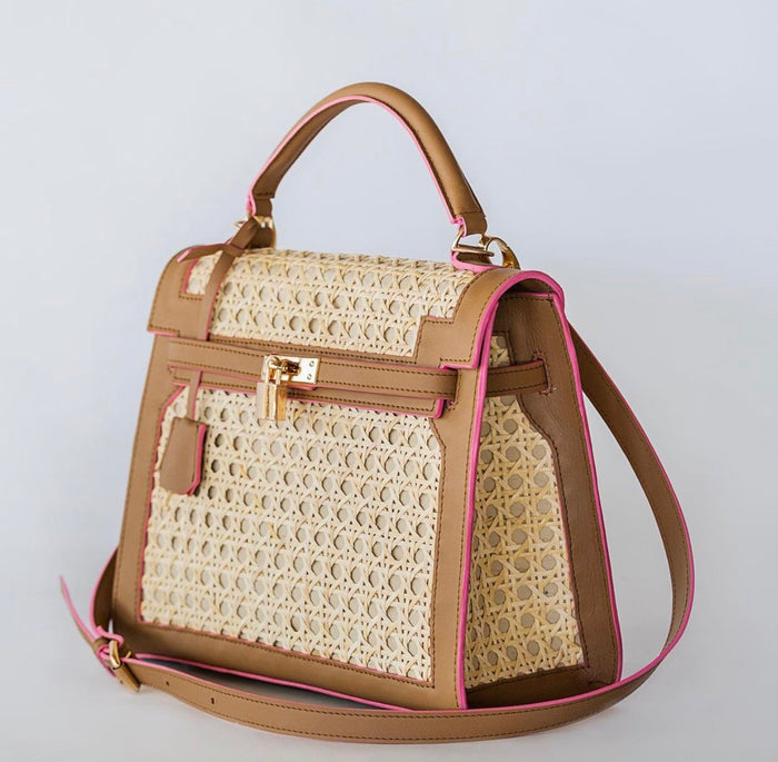 Travellers Hat Boutique genuine leather solihiya bag tote with brown leather trim and pink accents