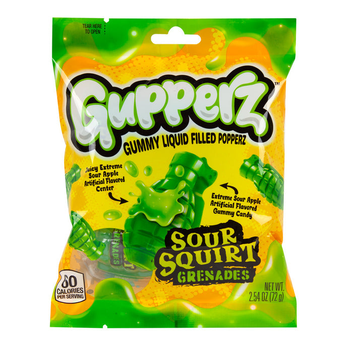 Gupperz Sour Squirt Grenades Gummy Candy Liquid Filled Popperz Peg Bag - 12 Count