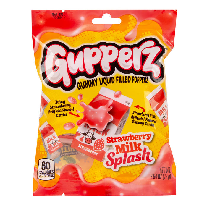 Gupperz Strawberry Milk Splash Liquid Filled Gummy Candy Peg Bag - 12 Count