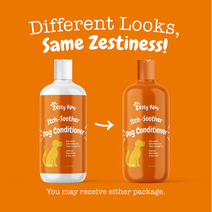 Two bottles of Zesty Paw Itch-Soother Dog Conditioner with white and terracotta caps on orange background.