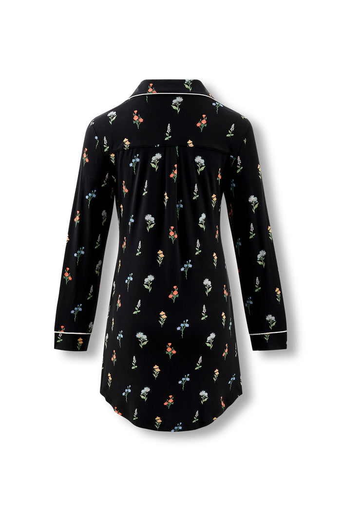 Back side of Black Long Sleeve Women’s Nightshirt in Wildflower print on a white background