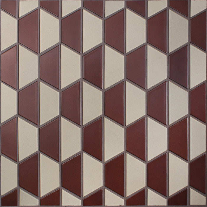 Caption: Classic Field Half Hex in M17.2 Redwood and M144 Oat. Charcoal grout by Custom Building Products.
