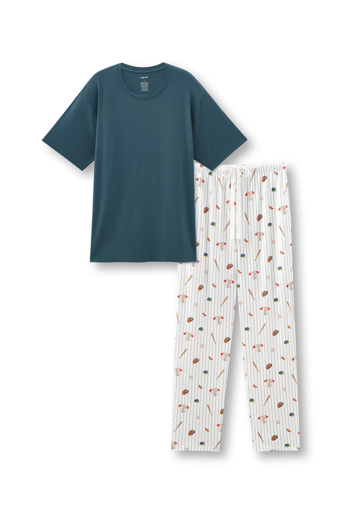 Men's pajama set featuring a dark blue crew neck tee and baseball printed pajama lounge pants against a white background