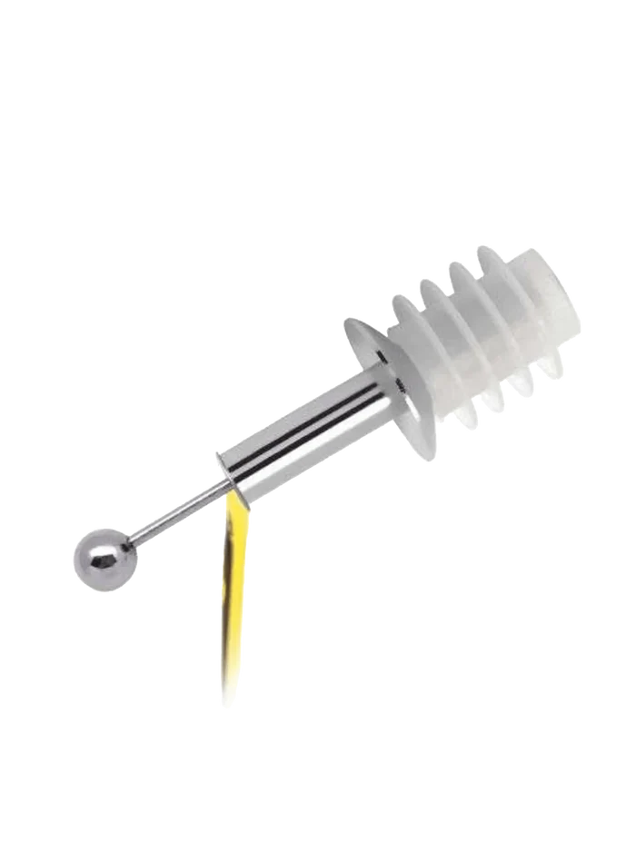 Silver topper for an olive oil bottle with a silver ball at the end to slow the pour of the olive oil
