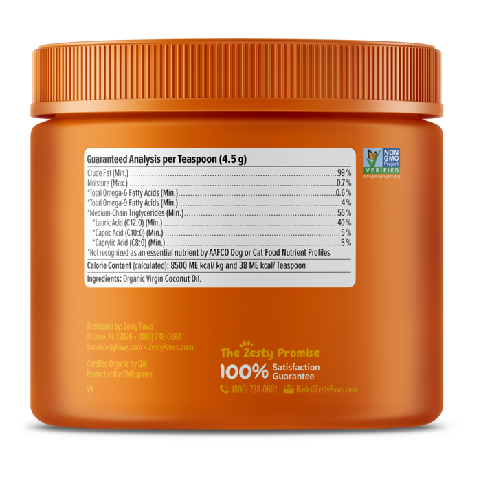 Amber glass jar with orange screw-top lid containing coconut oil, labeled with nutritional information and Non-GMO certificat