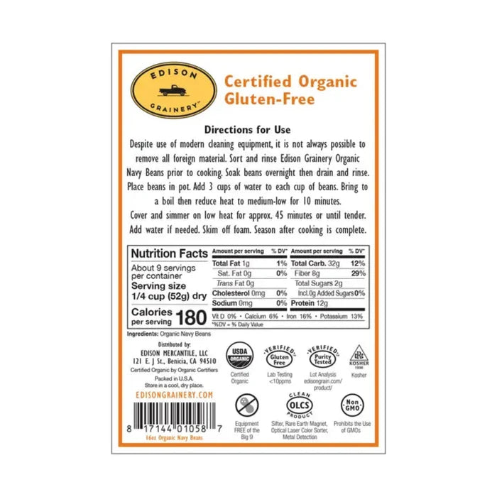 Organic Navy Beans - nutrition info