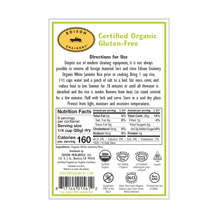 Organic White Jasmine Rice - nutrition info