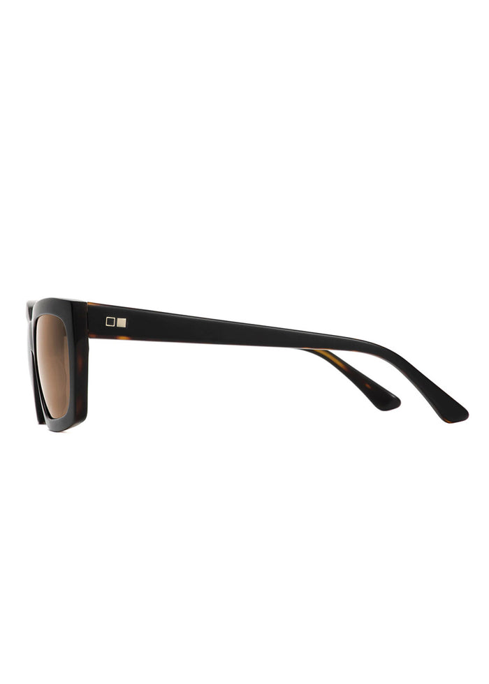 Side view of sleek black sunglasses with square frames and dark lenses, showcasing modern design and elegant style.