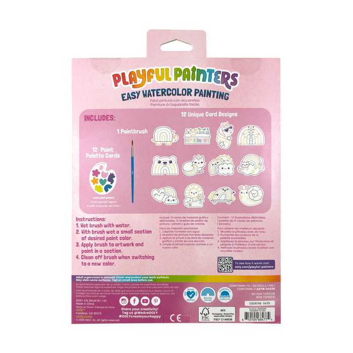 Back of packaging of OOLY Rainbow Cuties Playful Painters Easy Watercolor Painting Kit on a white background