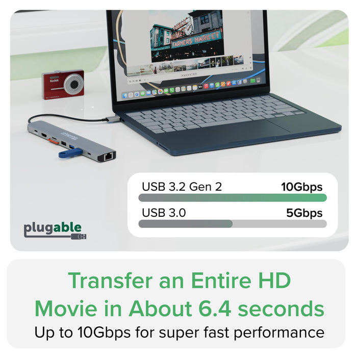 Plugable USBC-9IN1E hub showing USB 3.2 Gen 2 10Gbps vs USB 3.0 5Gbps data transfer speeds for fast performance.
