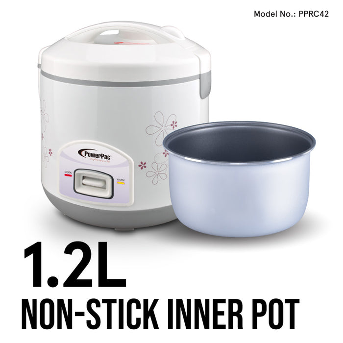PowerPac Rice Cooker 1.2L with Steamer, Rice Cooker with Non-stick inner pot (PPRC12-Nonstick)