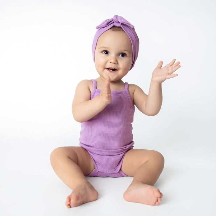 Baby wearing Ribbed Spaghetti Strap Bodysuit in Poi with Matching Headwrap