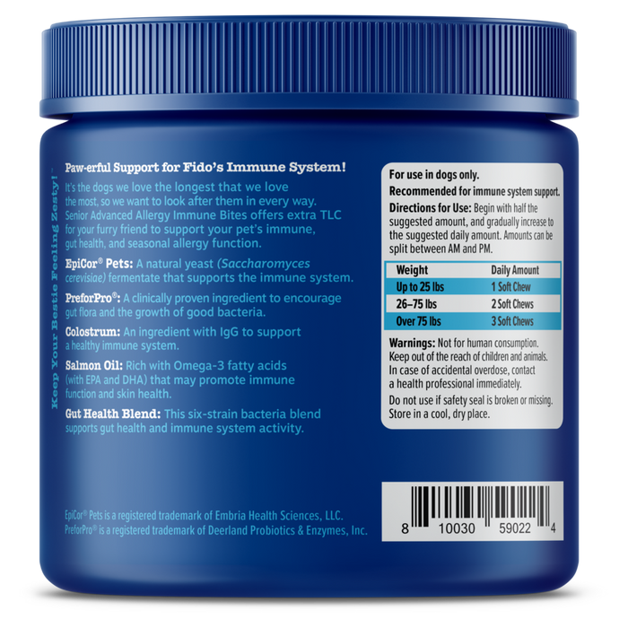 Blue jar with ridged cap containing dog supplement bites, labeled with ingredient information and dosage guidelines on white