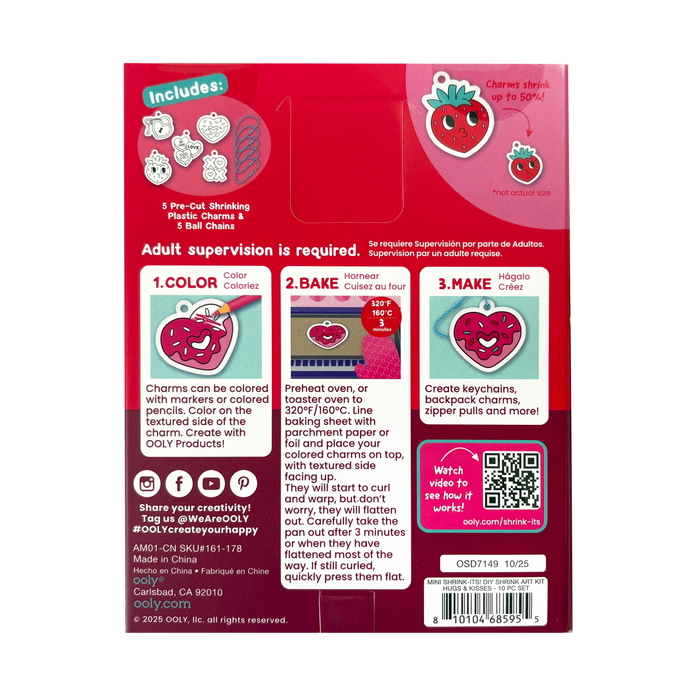 Back of packaging of OOLY Mini Shrink-Its! DIY Shrink Art Kit - Hugs & Kisses
