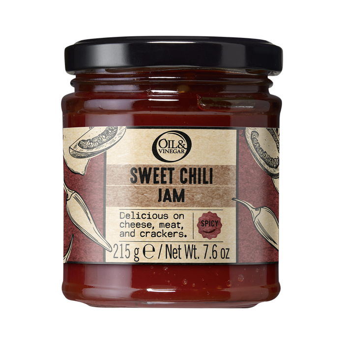 A jar of sweet chili jam with a label that includes images of chili peppers indicating the flavor profile of the product.