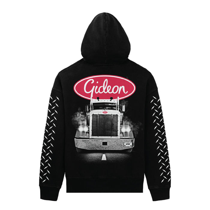 back of black pullover with a mack truck coming at you head on with "Gideon" in white inside a red circle printed above the truck. steel texture printed in white down the sleeves.