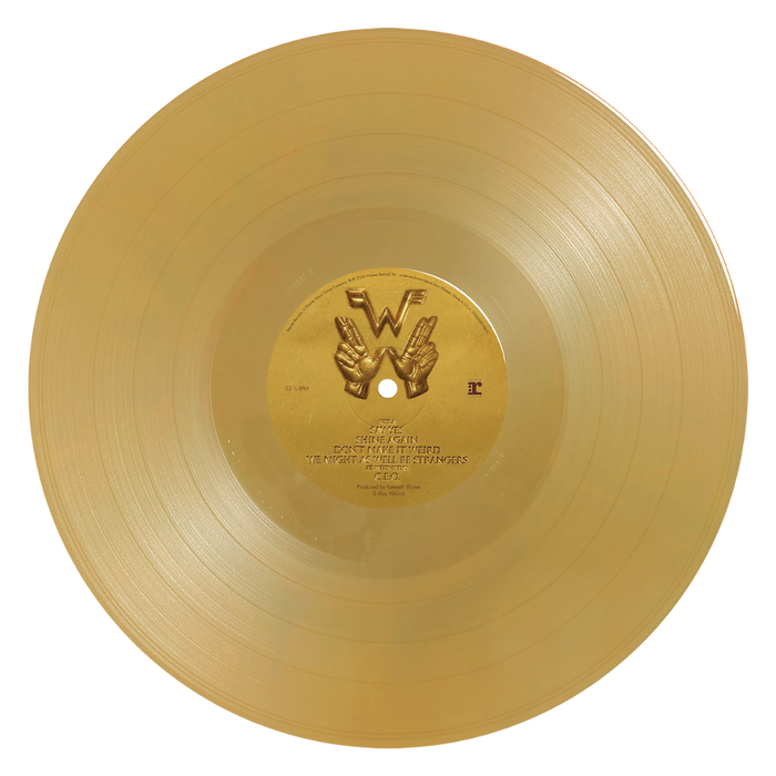 Weezer artifact wzr.001 yellow gold vinyl featuring embossed hands forming a w on the gold vinyl label