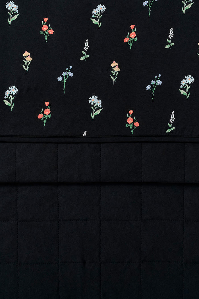 Front and back of Black Youth Blanket in Wildflower 2.5 print on a white background