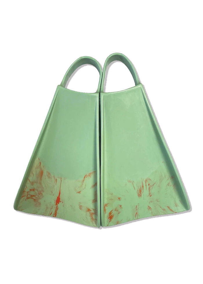 Green swim fins with orange accents, featuring a sleek design and sturdy handles, ideal for enhancing swimming performance.