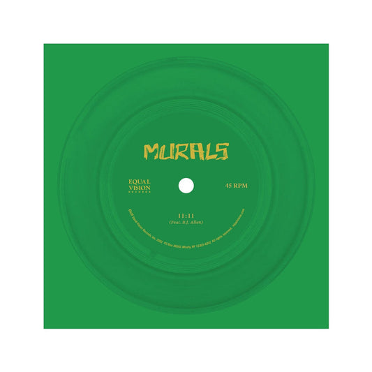 7 inch Green Flexi. "MURALS" written in yellow in top / mid center. Darker green rings circling the center. "EQUAL VISION RECORDS" written in small yellow text on the left side, "45 RPM" written in small yellow text on the right side. "11:11" written in small yellow text in center bottom.