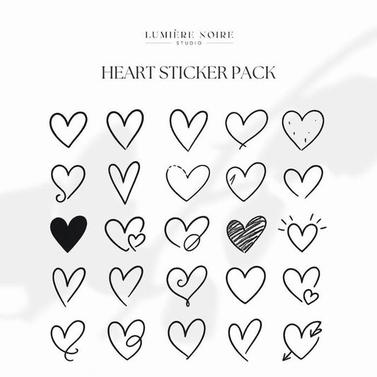 20 Black Heart Stickers | PNG + SVG Icons | Minimalist Digital Stickers | Transparent & Scalable