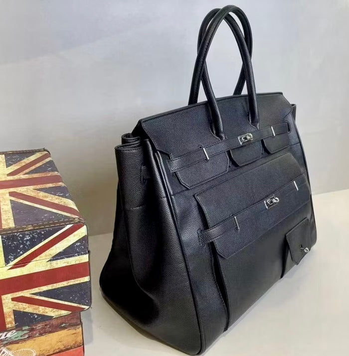 Black leather men's multipocket travel bag tote with multiple compartments and sturdy handles