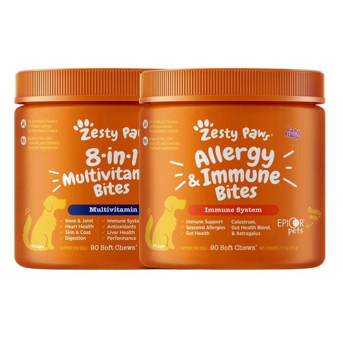 Two orange jars of Zesty Paw pet supplements on a white background