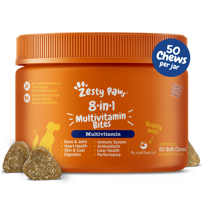 Orange jar of Zesty Paw 8-in-1 multivitamin bites for dogs with peanut butter flavor and tan-colored chews displayed in front
