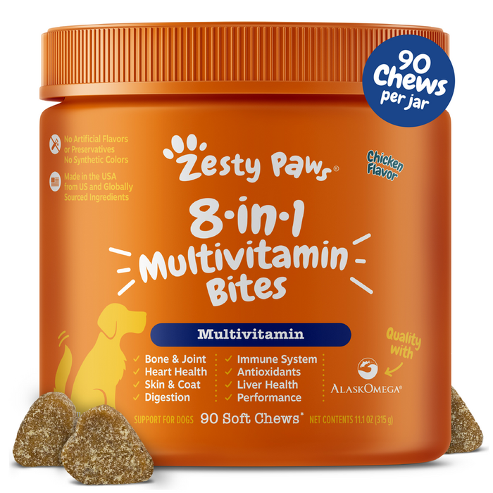 Orange jar of Zesty Paws 8-in-1 multivitamin bites for dogs in chicken flavor with soft chew pieces displayed in front.