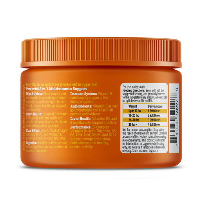 Orange plastic jar with orange ridged cap containing puppy multivitamin soft chews with feeding guidelines and ingredient inf