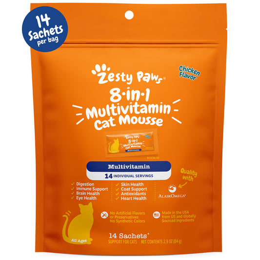 Orange Zesty Paw pouch containing 14 individual sachets of 8-in-1 multivitamin cat mousse in chicken flavor.