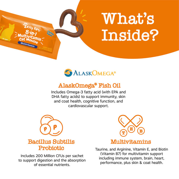 Orange packet of 8-in-1 multivitamin cat mousse with brown applicator, displayed with ingredient information icons below.