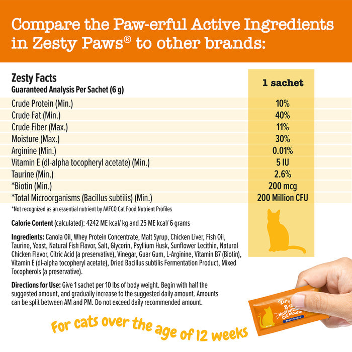 Orange sachets of cat multivitamin mousse with nutrition facts and ingredient information displayed on packaging.