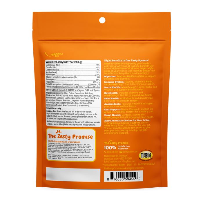 Orange resealable pouch of cat multivitamin mousse with nutritional information, ingredients, and benefits printed on front a