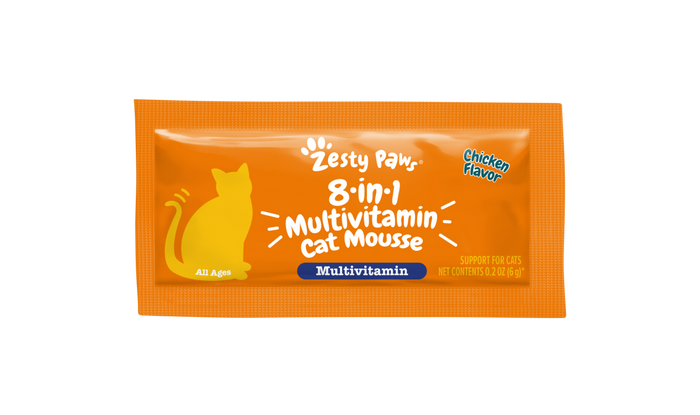 Orange packet of Zesty Paw 8-in-1 multivitamin cat mousse in chicken flavor with yellow cat silhouette.