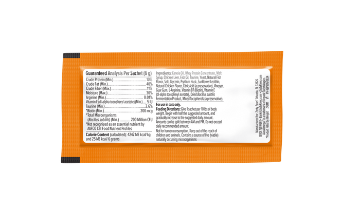 Orange sachtet packet of multivitamin cat mousse with white label showing nutritional information and feeding instructions.