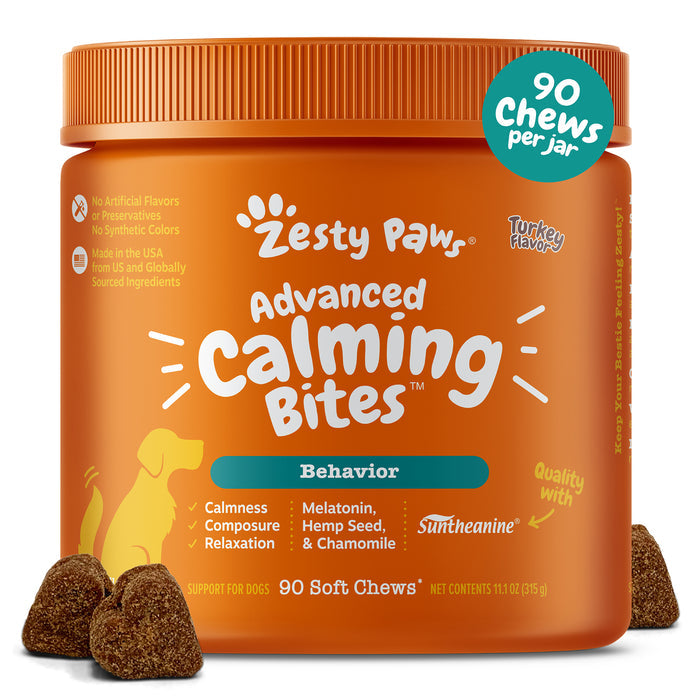 Orange jar of Zesty Paws Advanced Calming Bites with turkey flavor, 90 soft chews, featuring brown triangular treats displaye