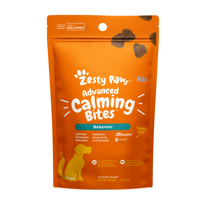 Orange pouch of Zesty Paw Advanced Calming Bites dog treats with melatonin and hemp seed, 10 soft chews.