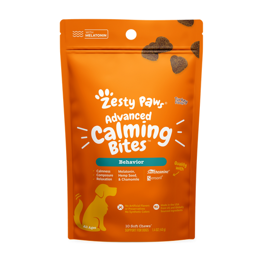 Orange pouch of Zesty Paw Advanced Calming Bites dog treats with melatonin and hemp seed, 10 soft chews.
