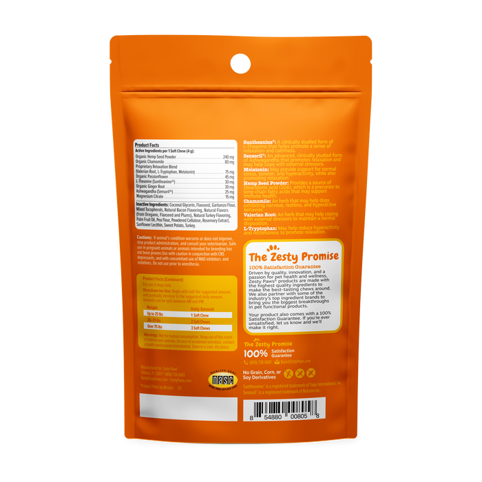 Orange pouch of dog calming bites with ingredient list, dosage chart, and product information on back label.