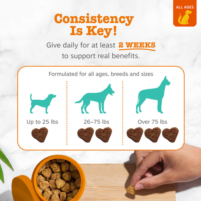 Dog calming treats in brown heart shapes with dosage guide showing portions for small, medium, and large dogs.