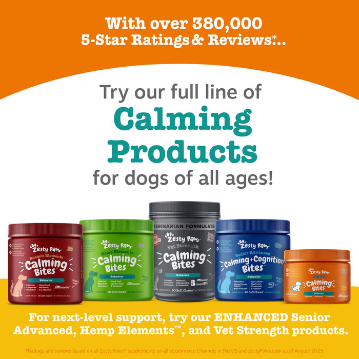 Five containers of Zesty Paws Calming Bites dog treats in red, green, gray, blue, and orange bottles arranged in a row.
